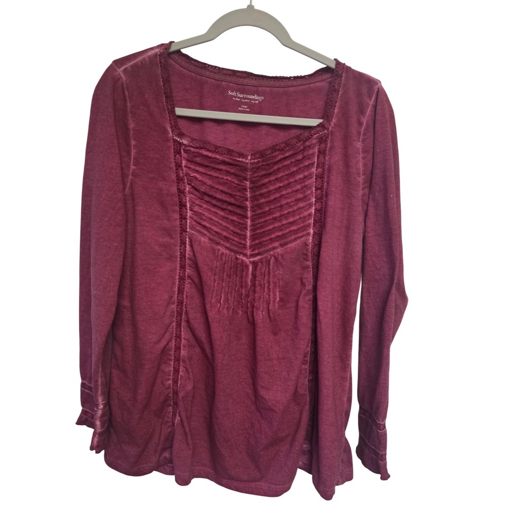 Soft Surroundings Burgundy Lace Trim Pintuck Long Sleeve Top Women's Large